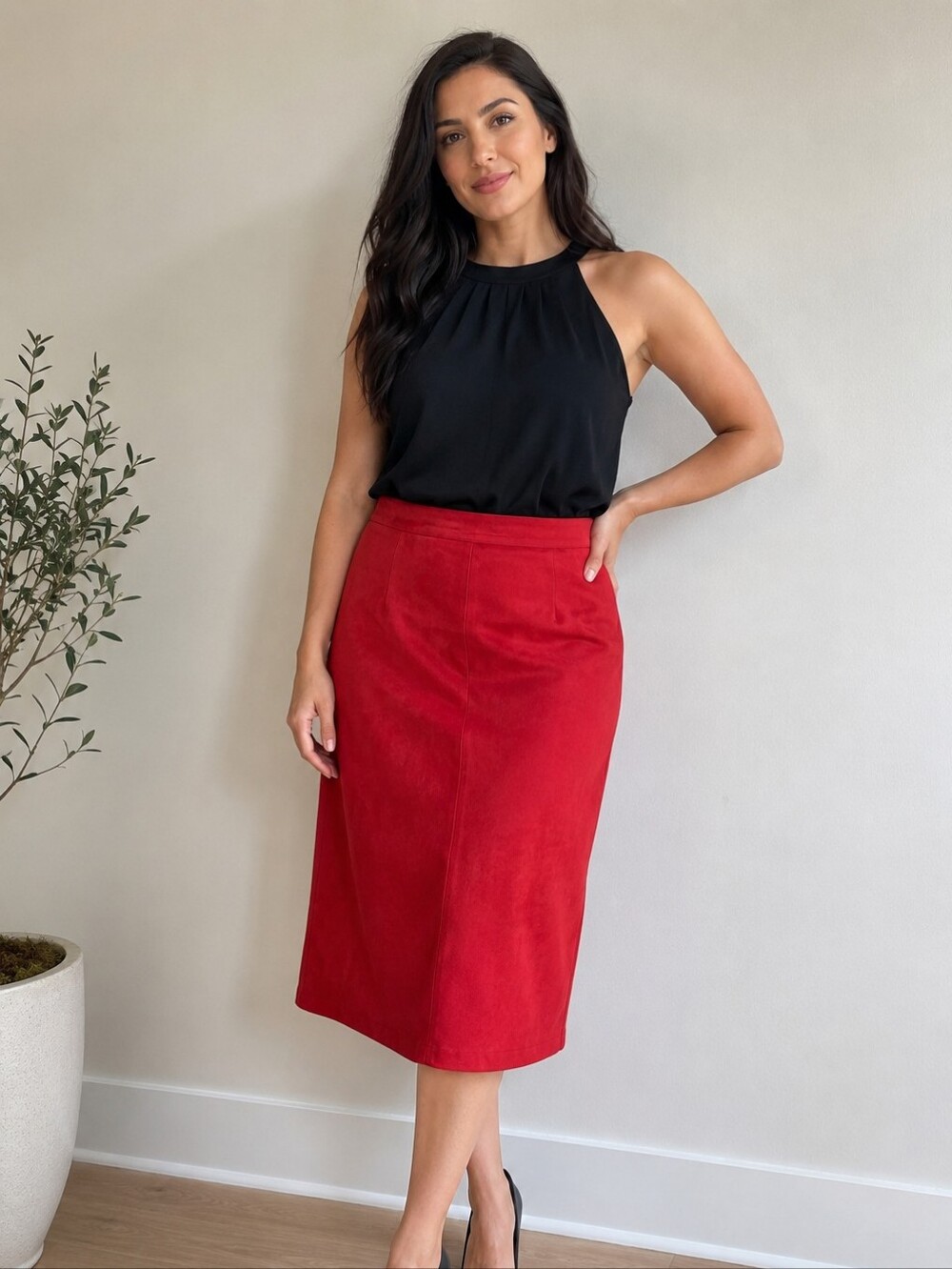 Danier Red Genuine Leather Midi Pencil Skirt Womens Size 12